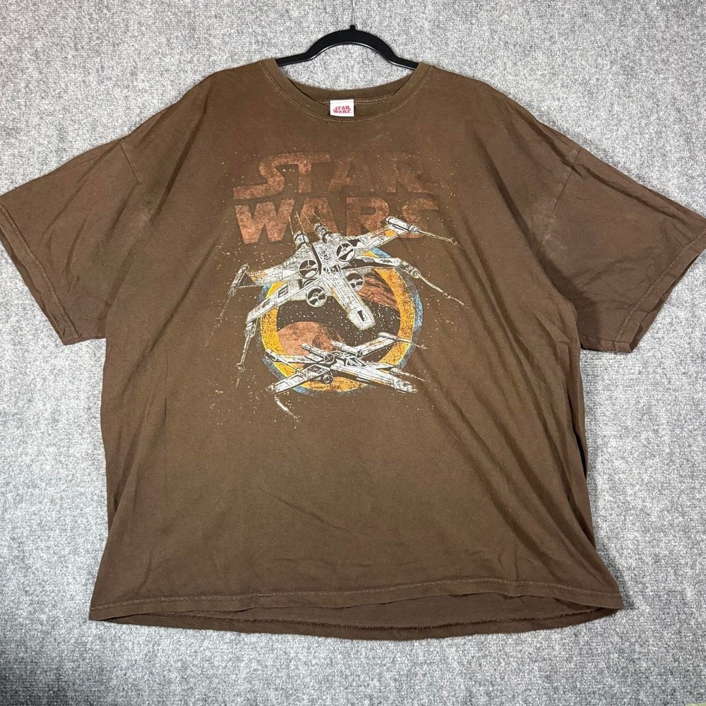 Vintage Star Wars X-Wing Fighter Graphic T-Shirt Brown Mens XXL Cotton Tee
